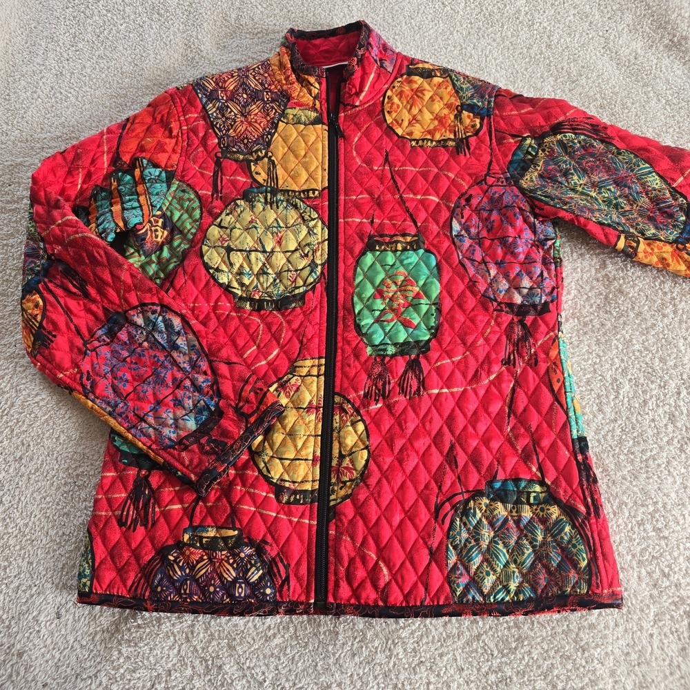 Chico's Red Quilted Oriental 100% Silk Full-zip Jacket Size 0 (Small) Statement!